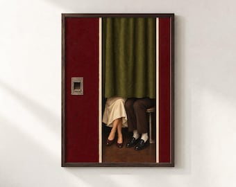Burgundy Photo Booth Couple Wall Art, Olive Green Curtain Print, Romantic Vintage Style Poster