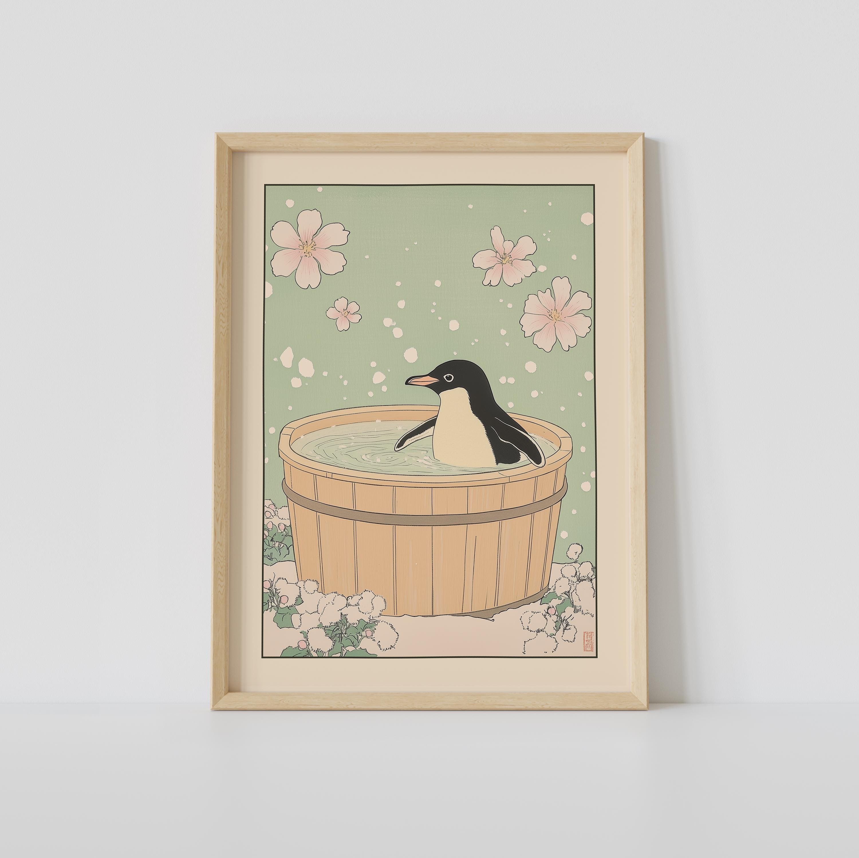 Penguin in a Bathtub Print, Japanese Bathroom Wall Art, Penguin Wall Art, Japandi Art, Relaxing Poster, Japanese Wall Decor, Bathroom Decor