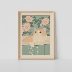 Scottish Cat in a Bathtub Print, Japanese Bathroom Wall Art, Cat Wall Art, Japandi Art, Relaxing Poster, Japanese Wall Decor, Bathroom Decor