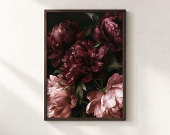 Burgundy and Blush Peony Wall Art, Dark Floral Print, Romantic Botanical Poster