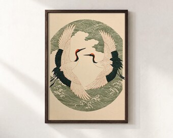 Japanese Crane Poster: Dancing Red-Crowned Cranes and Waves Wall Art