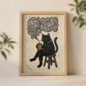 Väggkonsttryck med svart katt som dricker kaffe, rustik illustration i linoleumsnitt med ångvirvlar och blå halsduk