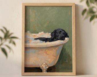 Black Labrador in Bathtub Wall Art Print, Cozy Dog Spa Illustration with Pastel Green Background