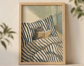 Tabby Cat Reading Book in Bed Wall Art Print, Cozy Morning Illustration with Striped Pillow and Soft Sunlight