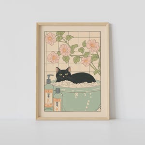 浴槽の中の黒猫のプリント、日本の浴室の壁アート、猫の壁アート、ジャパニーズアート、リラックスできるポスター、日本の壁の装飾、浴室の装飾