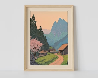 Japanese Mountain Village Print, Vintage Japanese Wall Art, Japanese Woodblock Art, Japandi Art, Relaxing Poster, Japanese Wall Decor