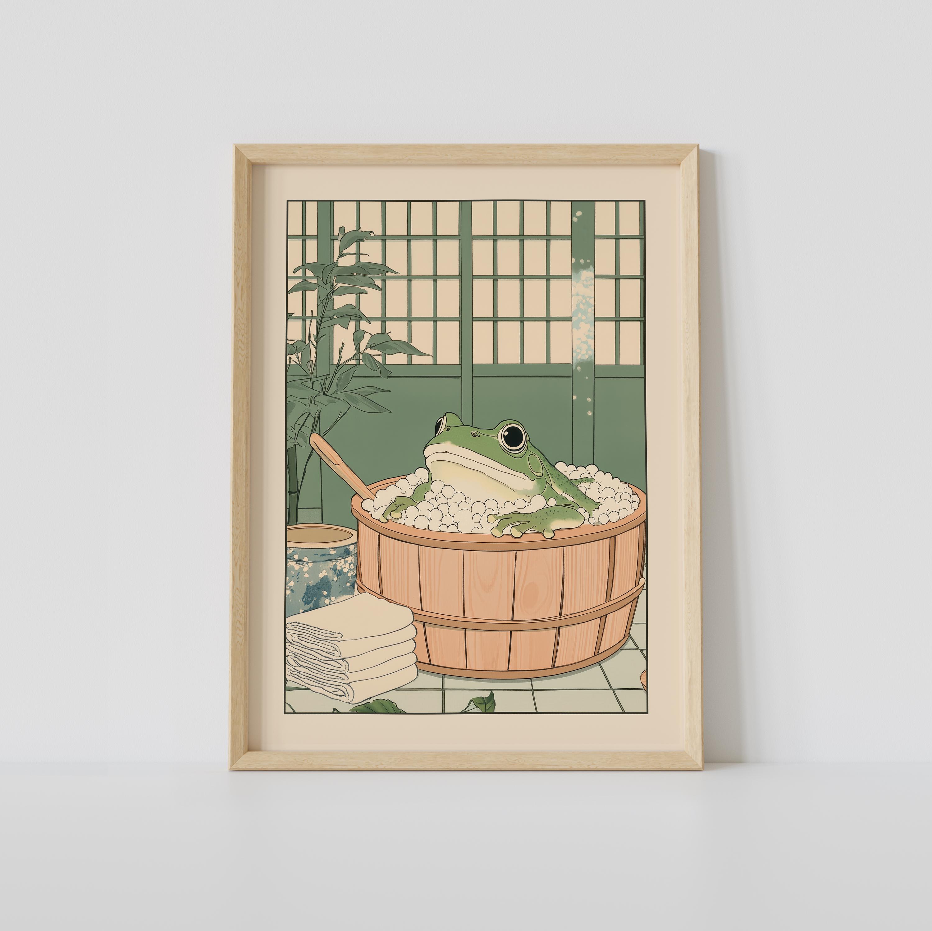 日本限定　Onsen frog cat Ban Japanese Frog in a Bathtub Print, Japanese Bathroom Wall Art