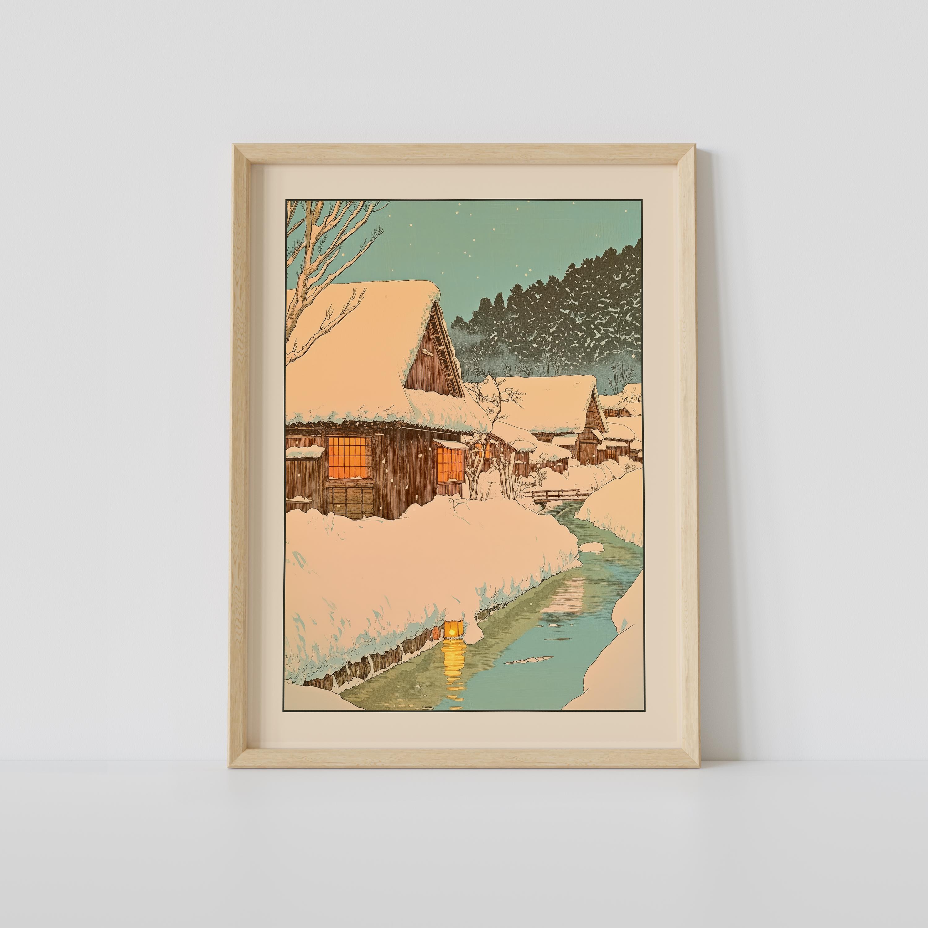 Snowy Japanese Village Print, Vintage Japanese Wall Art, Japanese Woodblock Art, Japandi Art, Relaxing Poster, Japanese Wall Decor