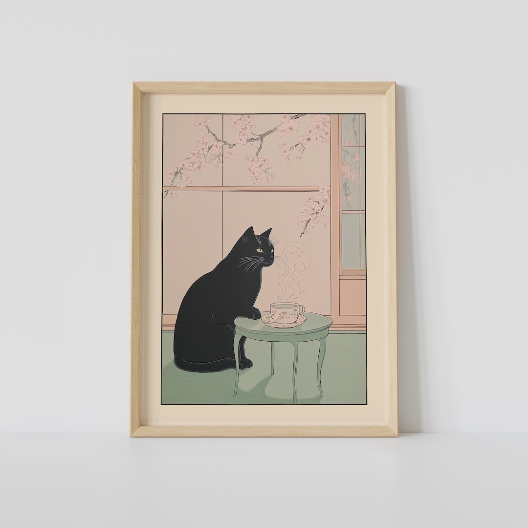 Black Cat Drinking Coffee Print, Japanese Cafe Wall Art, Cat Art ...