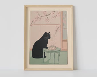 Impression de chat noir buvant du café, art mural café japonais, art de chat, art Japandi, poster relaxant, décoration murale japonaise, décoration de cuisine