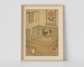 Pug Dog in a Bathtub Print, Japanese Bathroom Wall Art, Japandi Art, Relaxing Poster, Japanese Wall Decor, Bathroom Decor