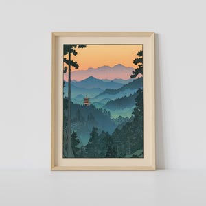 Impresión de paisaje de montaña japonés, arte mural japonés vintage, xilografía japonesa, arte japandi, póster relajante, decoración mural japonesa