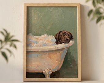 Chocolate Labrador in Bathtub Wall Art Print, Cozy Dog Spa Illustration with Pastel Green Background