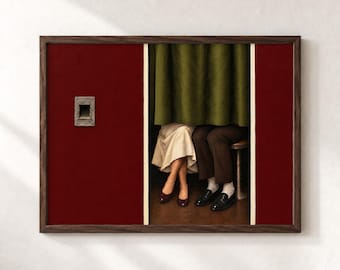 Burgundy Photo Booth Couple Wall Art, Olive Green Curtain Print, Romantic Horizontal Poster