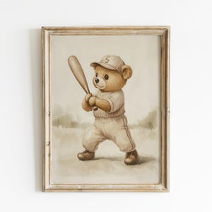 Teddy Bear Playing Baseball Print, Sport Nursery Decor, Animal Nursery Art, Neutral Nursery, Playroom Decor, Kids Room Art, Baby Room Decor