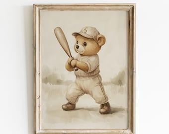 Teddy Bear Playing Baseball Print, Sport Nursery Decor, Animal Nursery Art, Neutral Nursery, Playroom Decor, Kids Room Art, Baby Room Decor