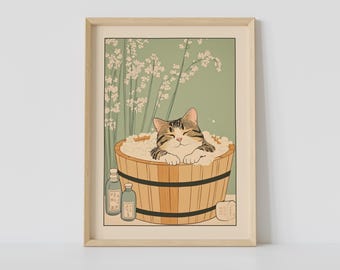 Tabby Cat in a Bathtub Print, Japanese Bathroom Wall Art, Cat Wall Art, Japandi Art, Relaxing Poster, Japanese Wall Decor, Bathroom Decor