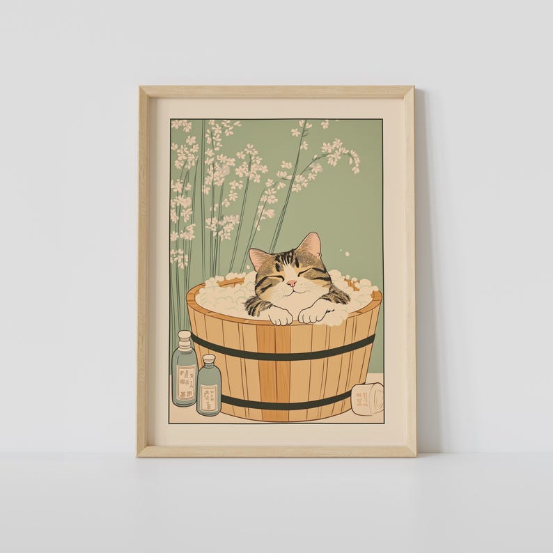 Tabby Cat in a Bathtub Print, Japanese Bathroom Wall Art, Cat Wall Art ...