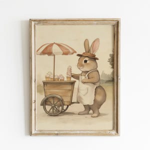 May include: A brown rabbit wearing a white apron and a straw hat stands next to a wooden ice cream cart with a red and white striped umbrella. The cart is filled with ice cream cones and the rabbit is holding one in its paw.
