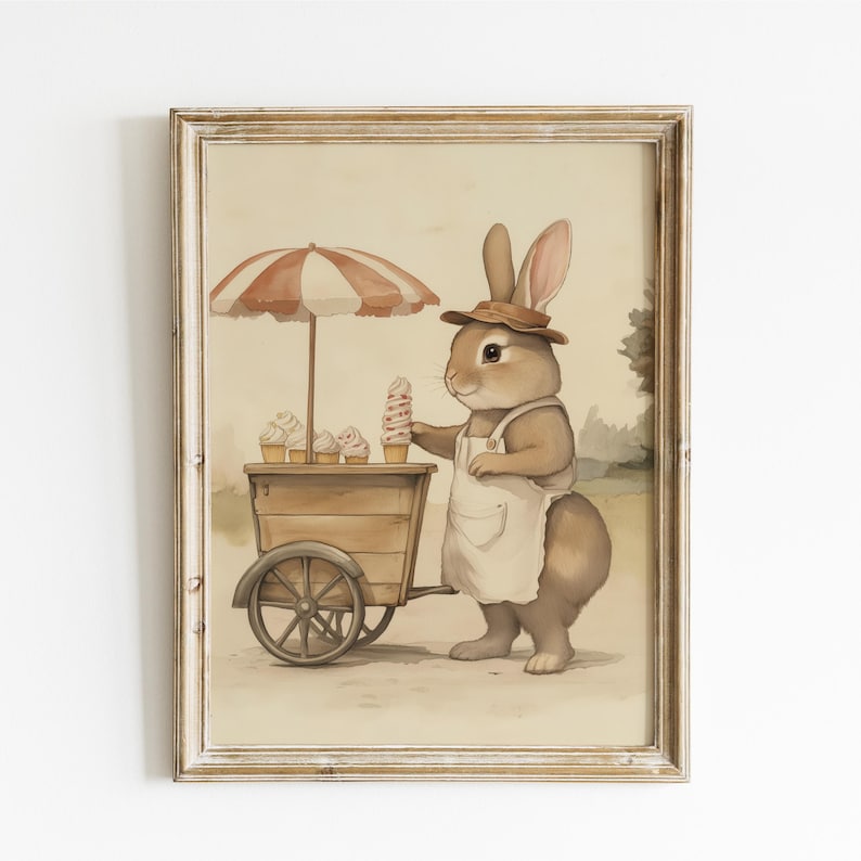May include: A brown rabbit wearing a white apron and a straw hat stands next to a wooden ice cream cart with a red and white striped umbrella. The cart is filled with ice cream cones and the rabbit is holding one in its paw.