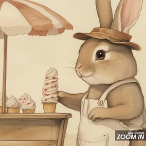 May include: A brown rabbit wearing a brown hat and overalls is standing at an ice cream stand. The rabbit is looking at a swirl of ice cream with red sprinkles. There are other ice cream cones on the stand.