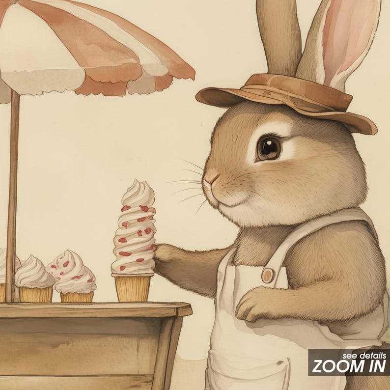 May include: A brown rabbit wearing a brown hat and overalls is standing at an ice cream stand. The rabbit is looking at a swirl of ice cream with red sprinkles. There are other ice cream cones on the stand.