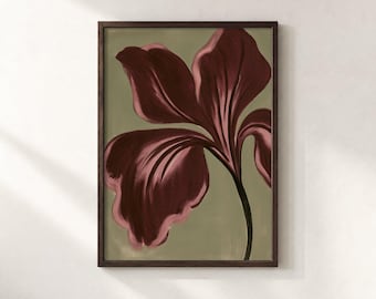 Wandbild mit burgunderroter Iris, botanischer Druck in Olivgrün, stimmungsvolles Blumenposter mit Nahaufnahme