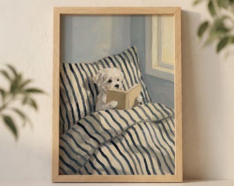 White Dog Reading Book in Bed Wall Art Print, Cozy Fluffy Puppy Illustration with Striped Pillow and Soft Sunlight