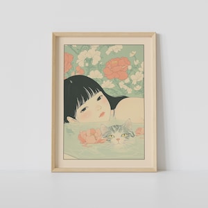Woman and Tabby Cat in Bathtub Print, Japanese Bathroom Wall Art, Cat Art, Japandi Art, Relaxing Poster, Japanese Wall Decor, Bathroom Decor