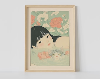 Woman and Tabby Cat in Bathtub Print, Japanese Bathroom Wall Art, Cat Art, Japandi Art, Relaxing Poster, Japanese Wall Decor, Bathroom Decor