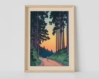 Gravura vintage japonesa de floresta, arte de parede vintage japonesa, xilogravura japonesa, arte Japandi, pôster relaxante, decoração de parede japonesa