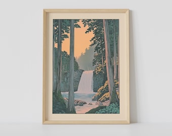 Hidden Waterfall Print, Vintage Japanese Wall Art, Japanese Woodblock Art, Japandi Art, Relaxing Poster, Japanese Wall Decor