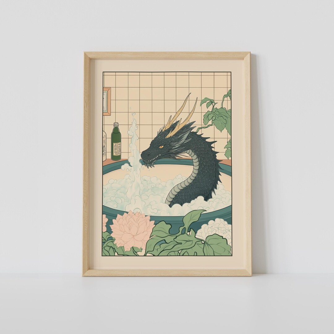 Black Dragon in a Bathtub Print, Japanese Bathroom Wall Art, Dragon Art ...