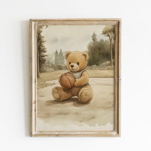 Teddy Bear Playing Basketball Print, Sport Nursery Decor, Animal Nursery Art, Neutral Nursery, Playroom Decor, Kids Room Art,Baby Room Decor