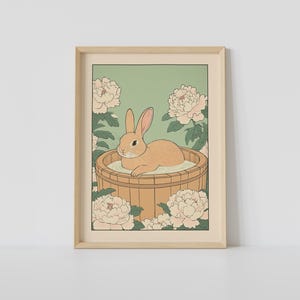 Rabbit in a Bathtub Print, Japanese Bathroom Wall Art, Rabbit Wall Art, Japandi Art, Relaxing Poster, Japanese Wall Decor, Bathroom Decor