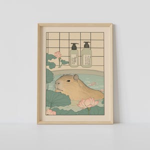 Impresión de carpincho en la bañera, arte japonés para pared de baño, arte japandi, póster relajante, decoración de pared japonesa, decoración de baño