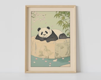 Panda in een badkuip print, Japanse badkamer muurkunst, schattige panda muurkunst, Japandi kunst, ontspannende poster, Japans muurdecor, badkamerdecor