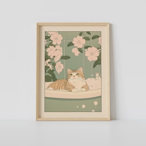 Scottish Cat in a Bathtub Print, Japanese Bathroom Wall Art, Cat Wall Art, Japandi Art, Relaxing Poster, Japanese Wall Decor, Bathroom Decor