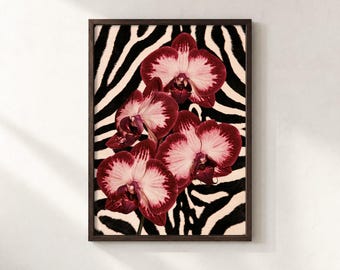 Burgundy Orchid Wall Art, Zebra Print Floral Poster, Pink and Red Botanical Art, Maximalist Animal Pattern Decor
