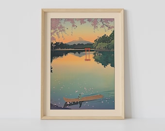 Japanese Lake and Mount Fuji Print, Vintage Japanese Wall Art, Japanese Woodblock Art, Japandi Art, Relaxing Poster, Japanese Wall Decor