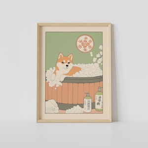 Shiba Inu Dog in a Bathtub Print, Japanese Bathroom Wall Art, Dog Wall Art, Japandi Art, Relaxing Poster, Japanese Wall Decor,Bathroom Decor