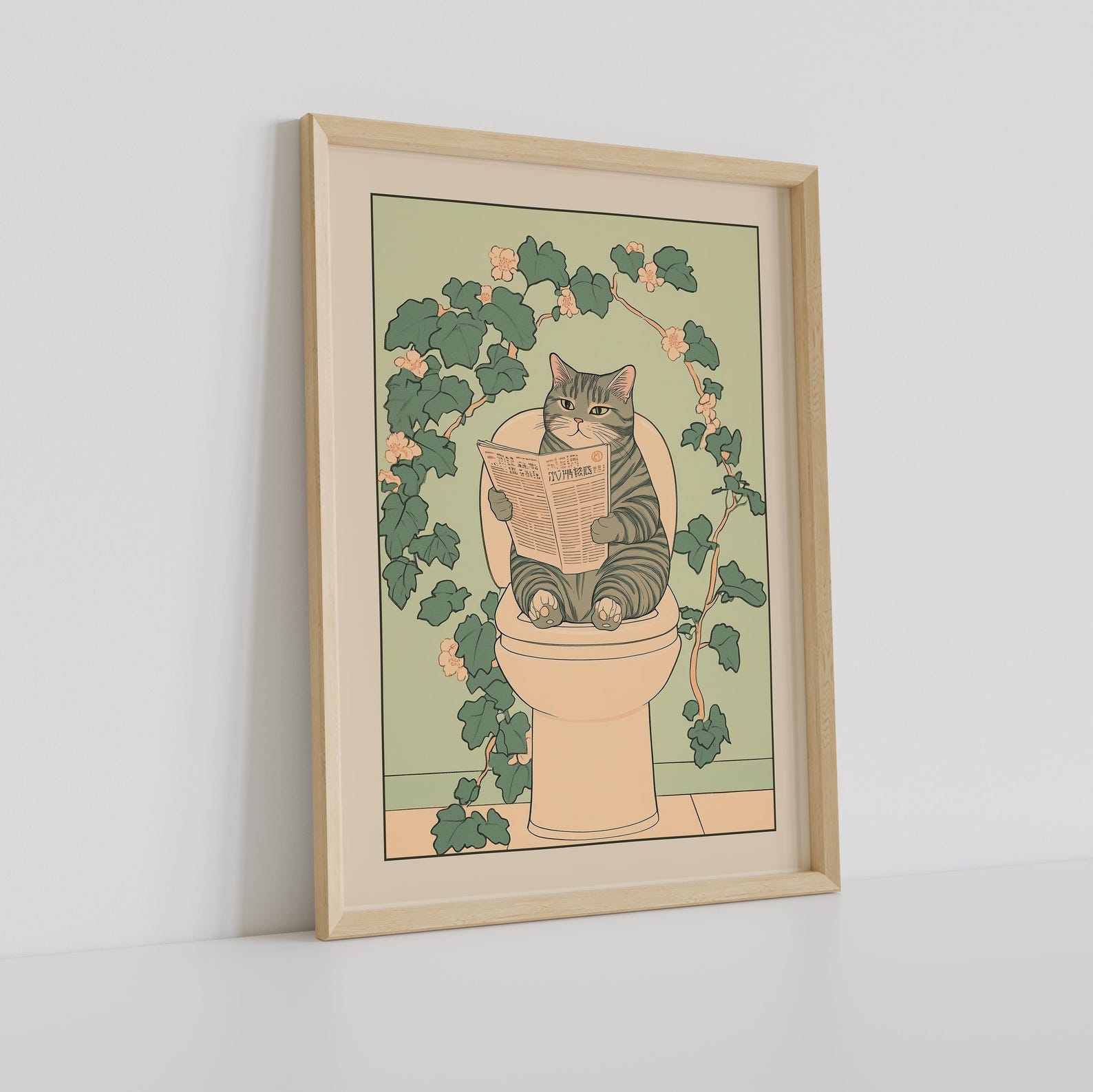 Gray Tabby Cat on Toilet Print, Japanese Bathroom Wall Art, Cat Art ...