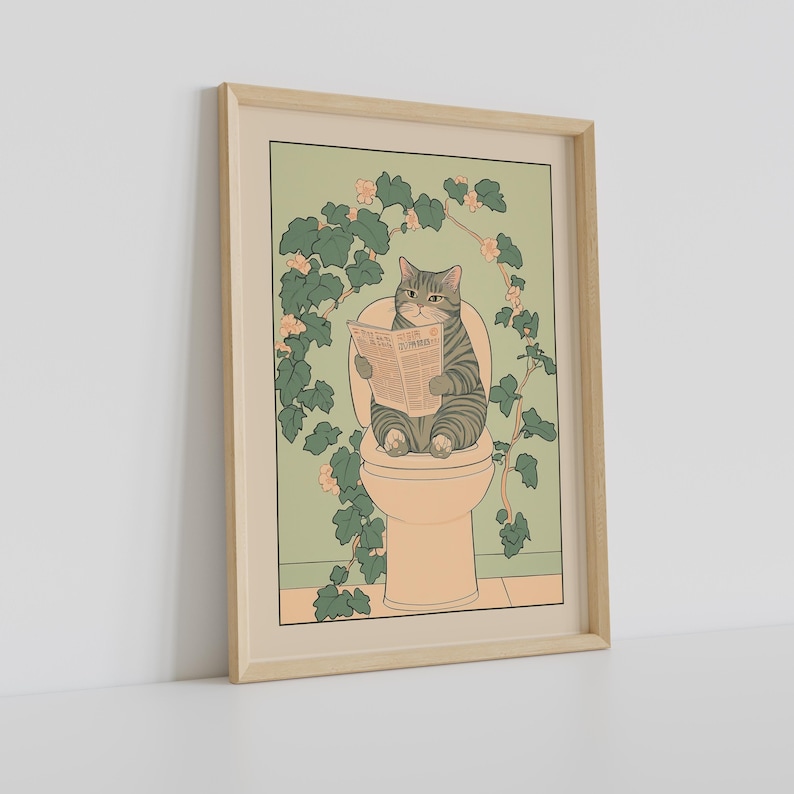 Gray Tabby Cat on Toilet Print, Japanese Bathroom Wall Art, Cat Art ...