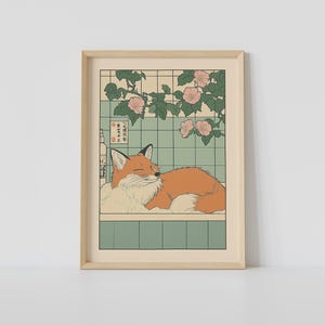 Impresión de zorro en una bañera, arte de pared de baño japonés, arte de pared de zorro, arte japandi, póster relajante, decoración de pared japonesa, decoración de baño