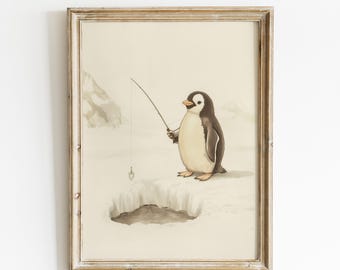 Penguin Fishing Print, Nursery Decor, Animal Nursery Art, Gender Neutral Nursery, Playroom Decor, Kids Room Art, Baby Room Decor