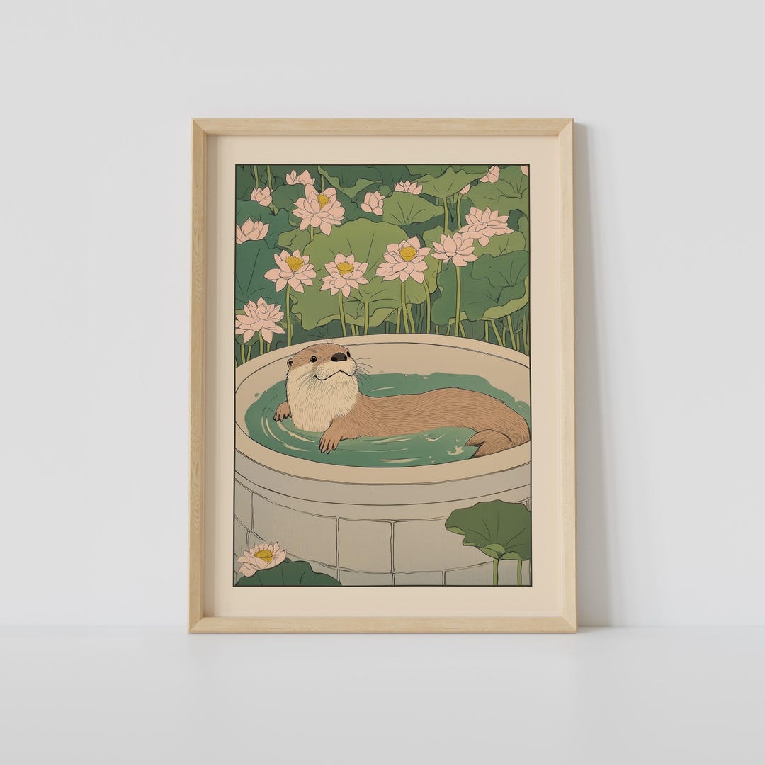Otter in a Bathtub Print, Japanese Bathroom Wall Art, Otter Wall Art ...