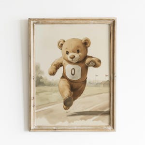 Teddy Bear Running in a Race Print, Sport Nursery Decor, Animal Nursery Art, Neutral Nursery, Playroom Decor, Kids Room Art, Baby Room Decor