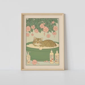 Tabby Cat in a Bathtub Print, Japanese Bathroom Wall Art, Cat Wall Art, Japandi Art, Relaxing Poster, Japanese Wall Decor, Bathroom Decor