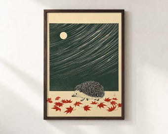 Japanese Hedgehog Poster: Moonlit Autumn Leaves Wall Art