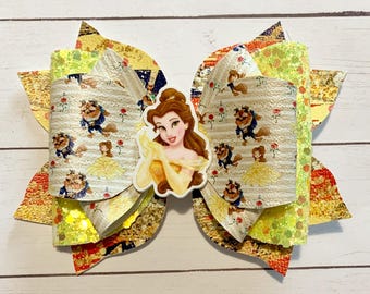 Beauty and the Beast Princess Belle Yellow Glitter Red Rose Hair Bow Clip